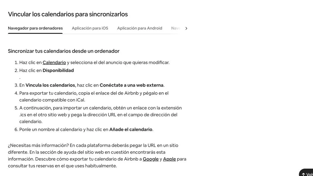 Instrucións oficiais de Airbnb para vincular, exportar e importar calendarios desde un ordenador