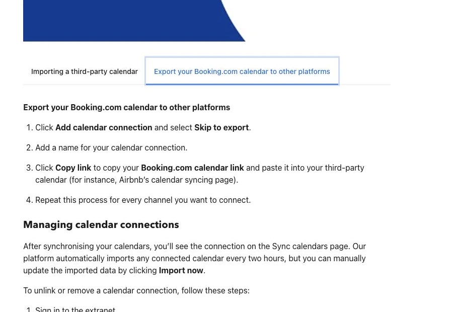 Instrucións oficiais de Booking.com para exportar o calendario a outras plataformas