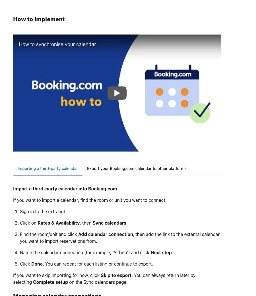 Instrucións oficiais de Booking.com para importar un calendario externo