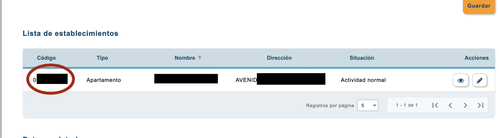 Lista de establecimientos registrados con el código del establecimiento señalado