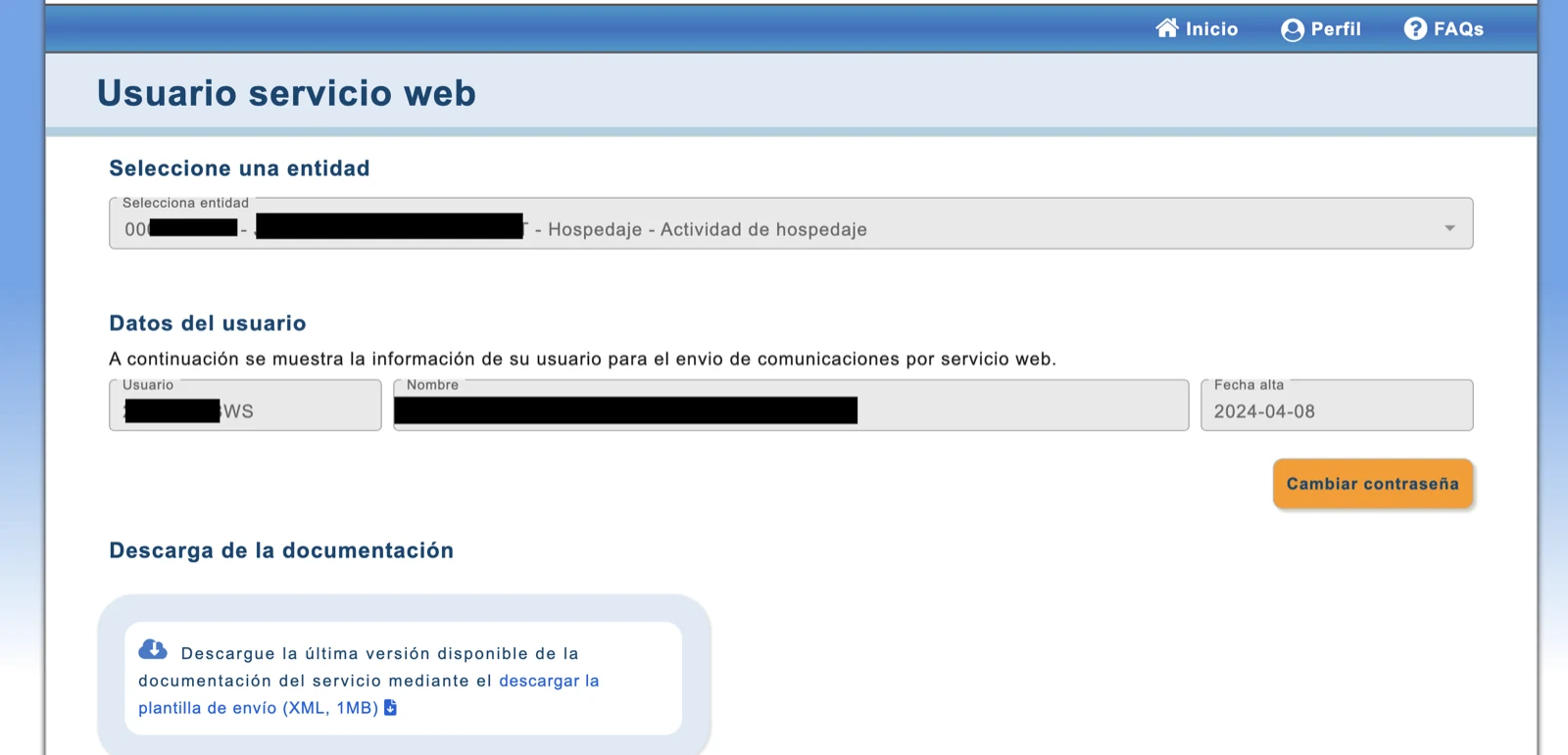 Pantalla del usuario del servicio web con el selector de entidad, el usuario y el botón para cambiar la contraseña