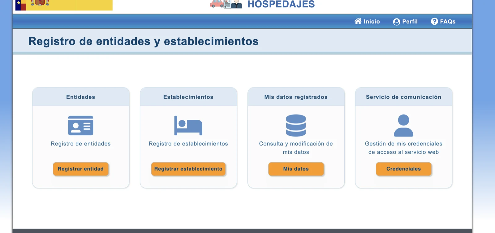 Pantalla principal del registro de SES.Hospedajes con sus cuatro áreas