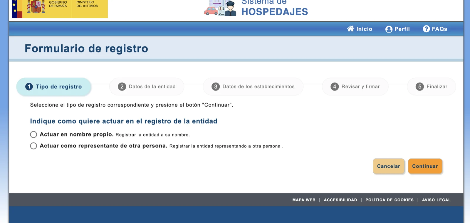 Primer paso del formulario de registro de entidad para elegir si se actúa en nombre propio o como representante