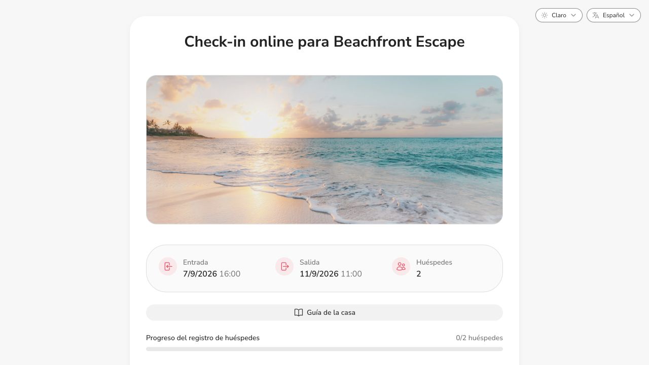 Formulario de check-in en liña de Check-in Easy co progreso dos hóspedes