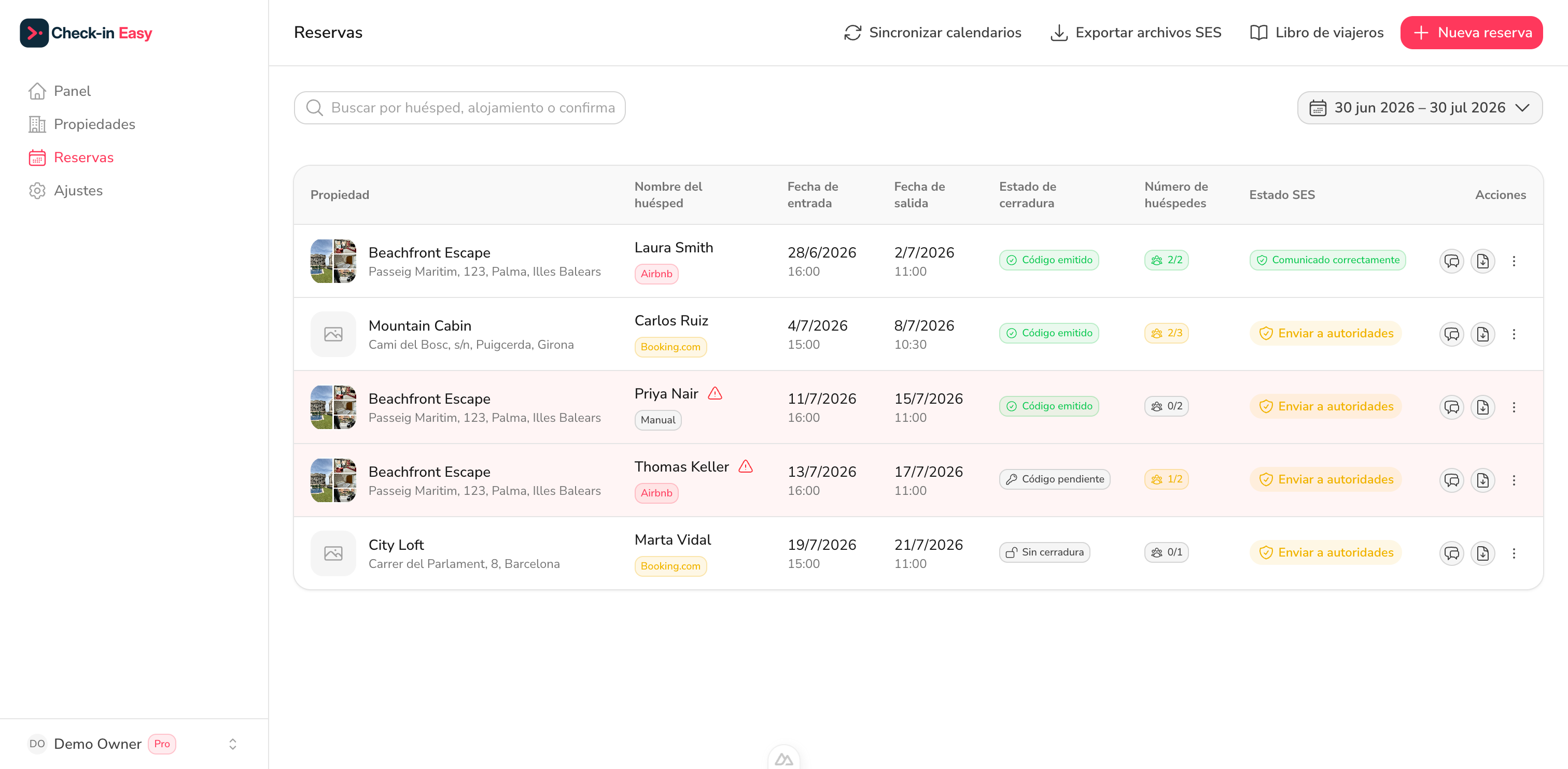 Panel de xestión de Check-in Easy